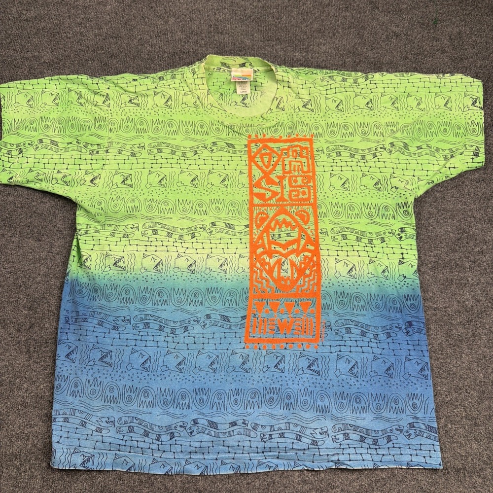 Vintage Surf Gear All Over Print T Shirt 90s Seabell Tribal Neon Surf Tee Large